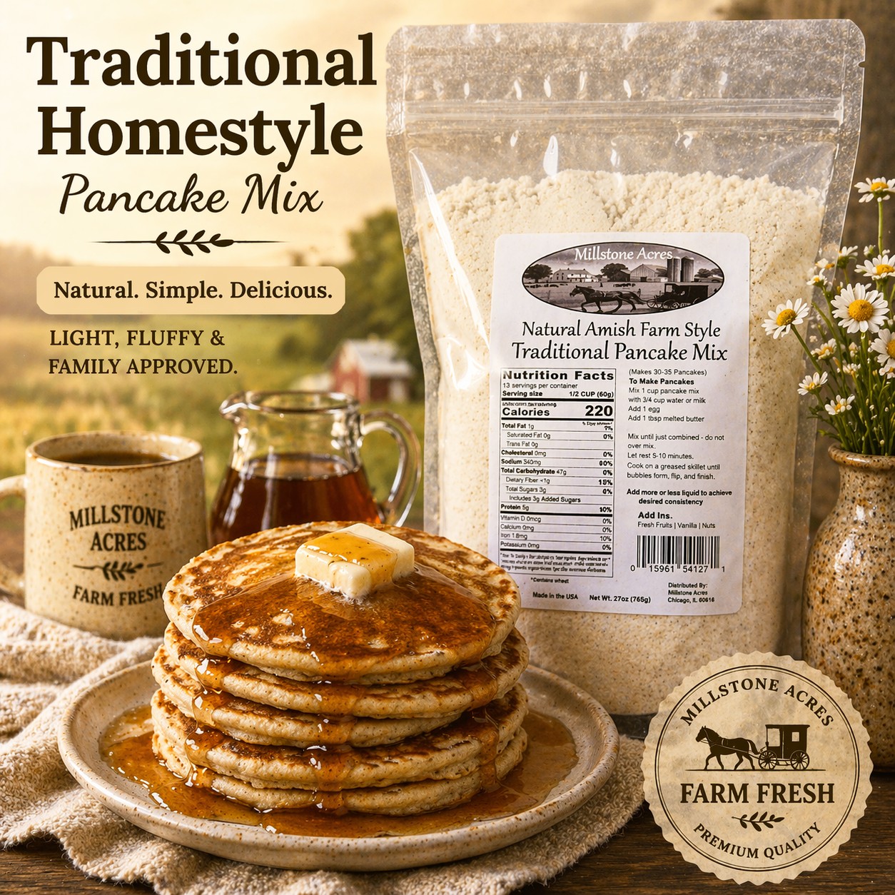 Millstone Acres Traditional Pancake Mix displayed with light, fluffy homemade pancakes in a bright homestyle kitchen.
