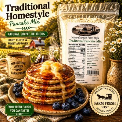 Fluffy traditional pancakes topped with melting butter, maple syrup, and fresh blueberries.