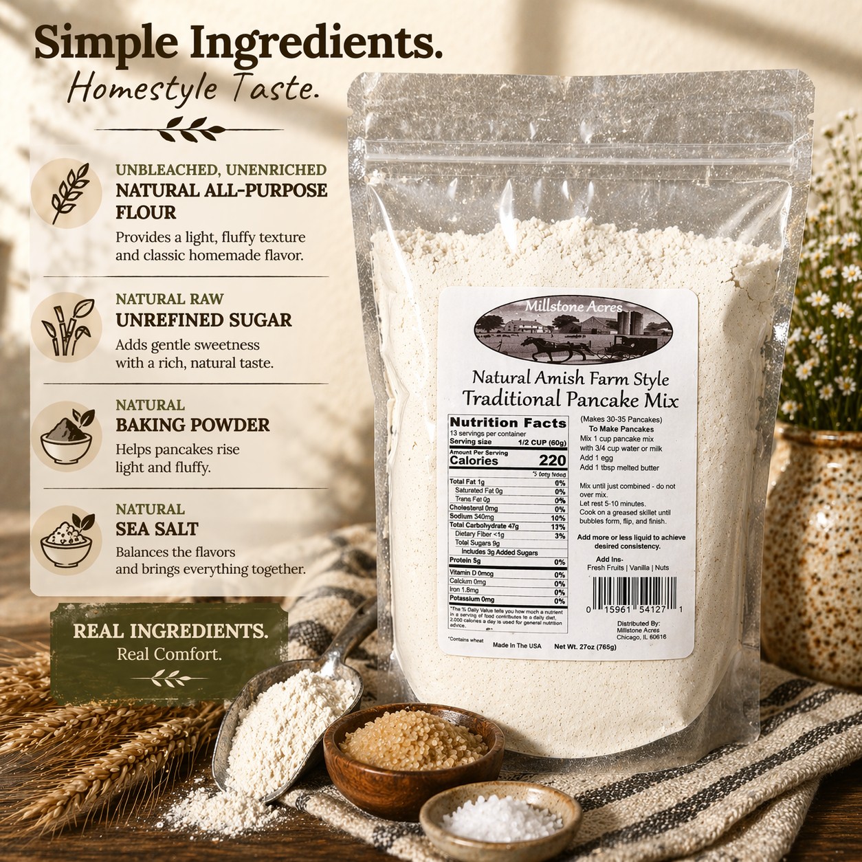 Simple ingredients used in Millstone Acres Traditional Pancake Mix.