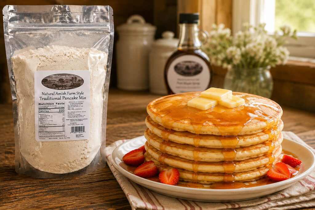 Millstone Acres Traditional Pancake Mix package beside a stack of golden homemade pancakes topped with melting butter, maple syrup, and fresh strawberries in a bright farmhouse kitchen.