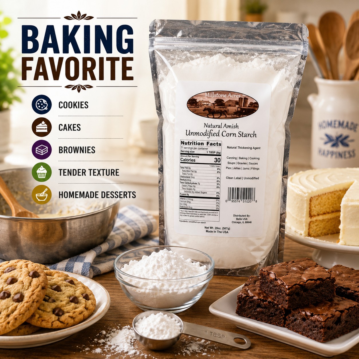 Millstone Acres Unmodified Corn Starch displayed with cookies, cake, brownies, baking ingredients, and homemade desserts in a farmhouse kitchen.