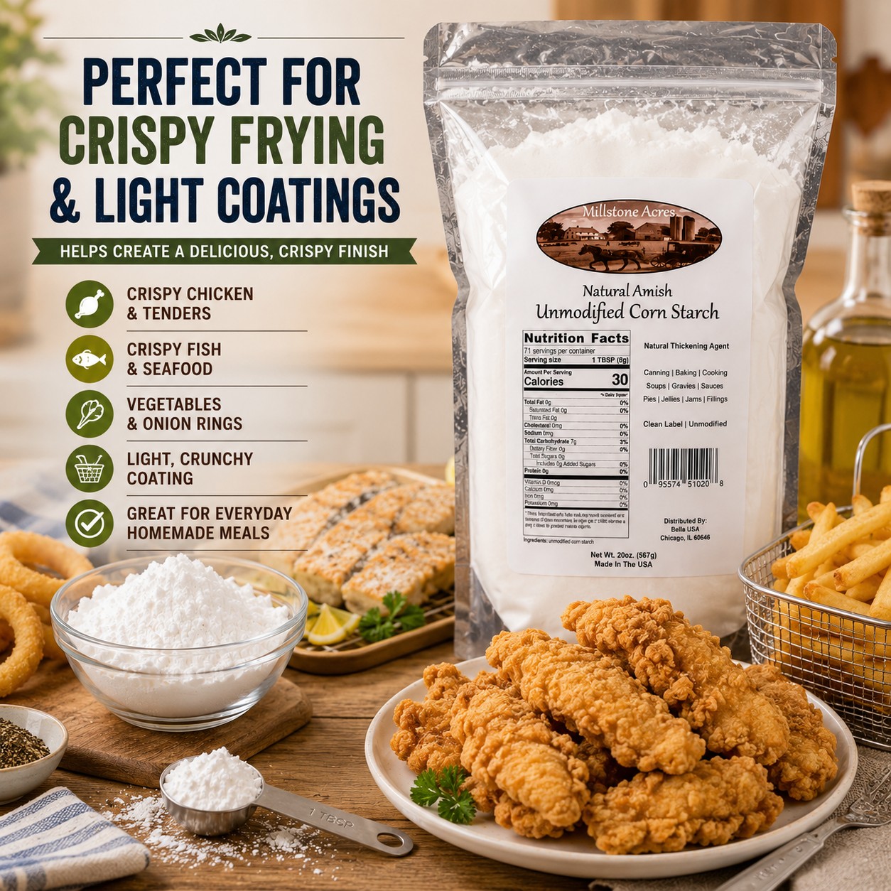 Millstone Acres Unmodified Corn Starch displayed with crispy fried chicken, seafood, vegetables, and light coating ingredients in a farmhouse kitchen.