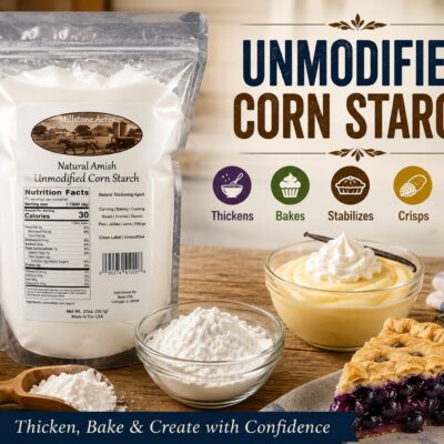 millstone-acres-unmodified-corn-starch-hero Millstone Acres Unmodified Corn Starch displayed with gravy, soup, pudding, blueberry pie, cookies, and corn starch in a bright farmhouse kitchen.