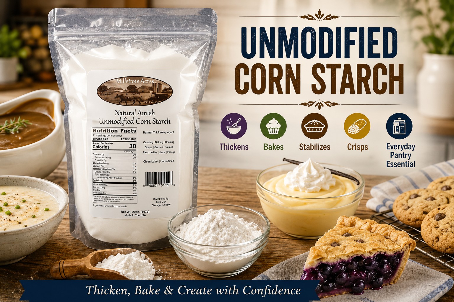 Millstone Acres Unmodified Corn Starch displayed with gravy, soup, pudding, blueberry pie, cookies, and corn starch in a bright farmhouse kitchen.