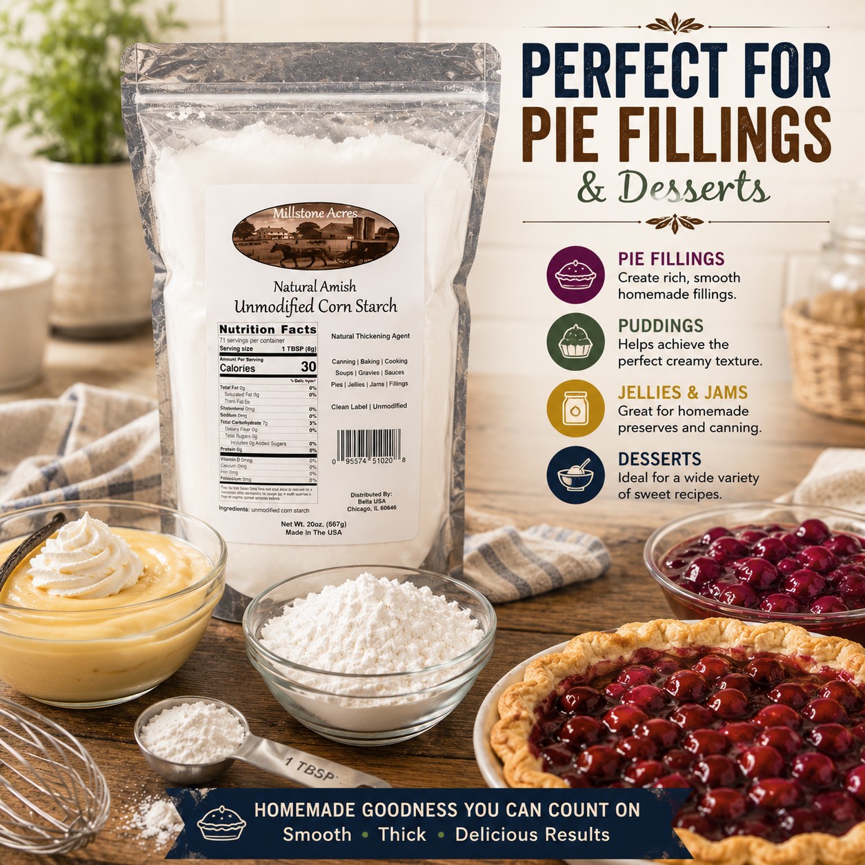 Millstone Acres Unmodified Corn Starch displayed with fruit pie filling, homemade pudding, dessert ingredients, and baking supplies in a farmhouse kitchen.