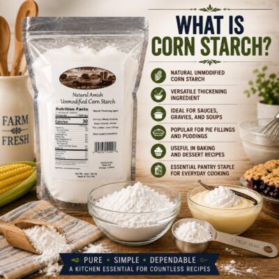 Millstone Acres Unmodified Corn Starch displayed with corn starch, measuring spoon, and cooking ingredients explaining what corn starch is.