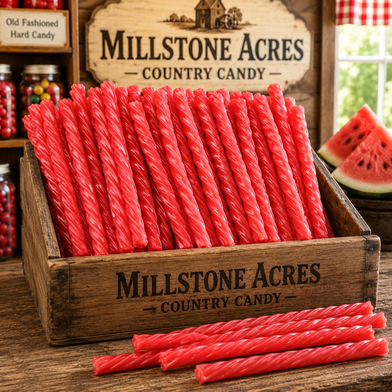 Watermelon Licorice Twists displayed in a rustic wooden candy crate on a farmhouse candy-shop counter