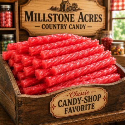 Watermelon Licorice Twists displayed in a vintage wooden candy bin inside a bright country candy shop with Millstone Acres signage