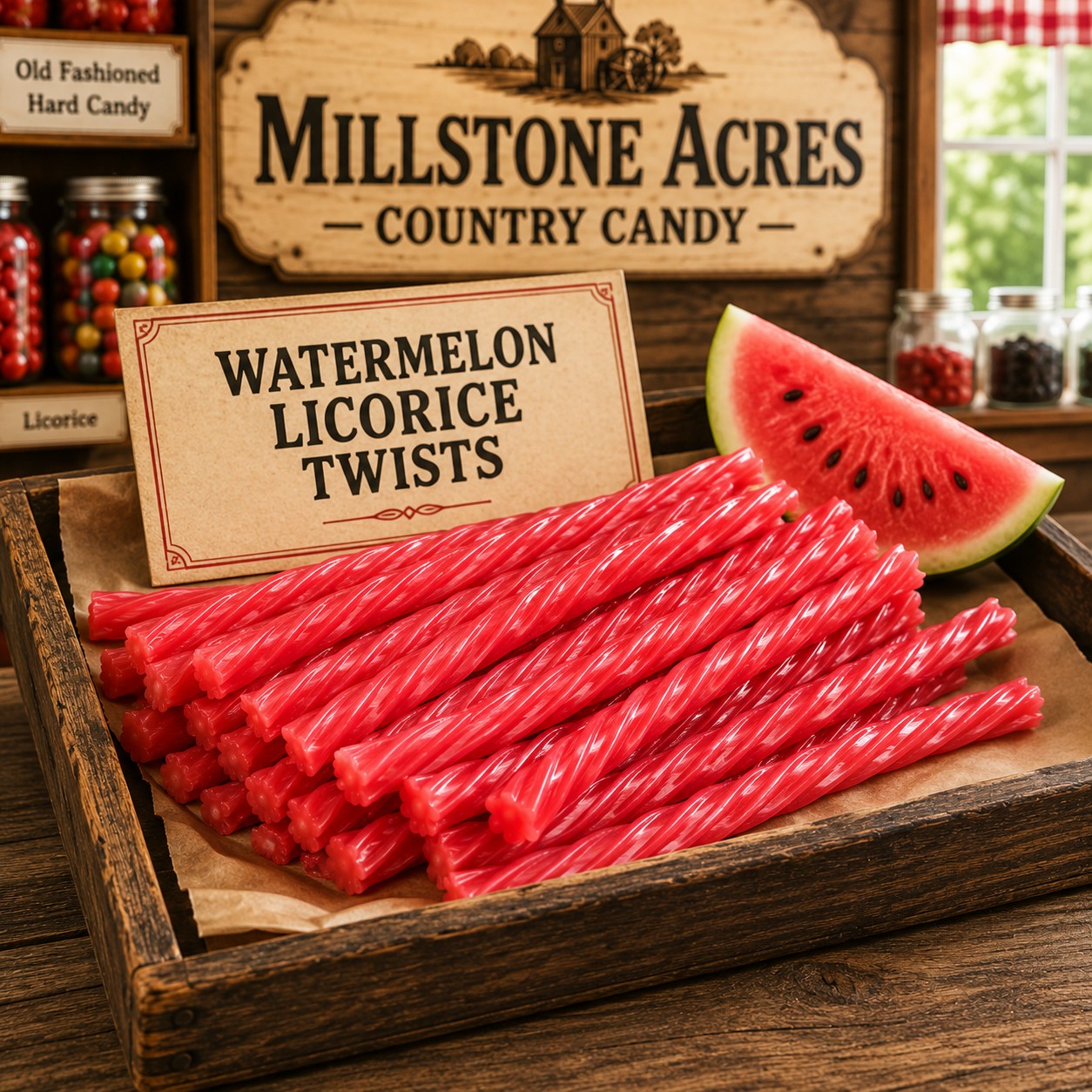 Watermelon Licorice Twists displayed in a rustic candy tray with a vintage flavor card and watermelon wedge