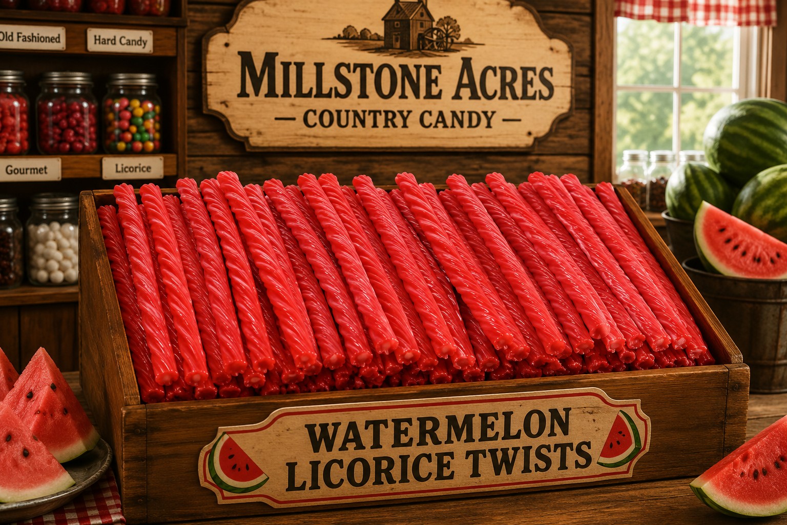 Watermelon Licorice Twists displayed in a rustic country candy shop with Millstone Acres signage