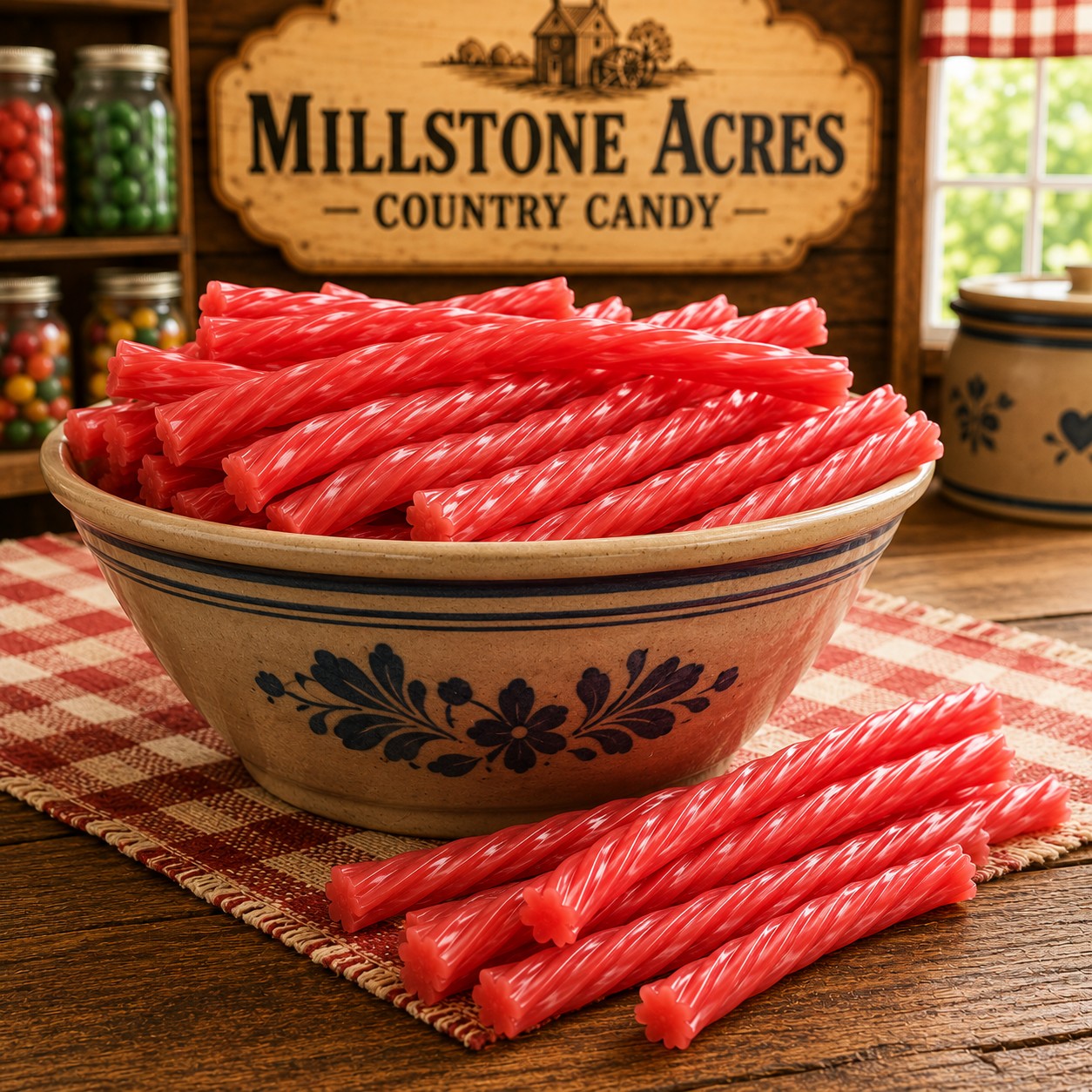 Watermelon Licorice Twists displayed in a farmhouse candy bowl on a rustic family gathering table