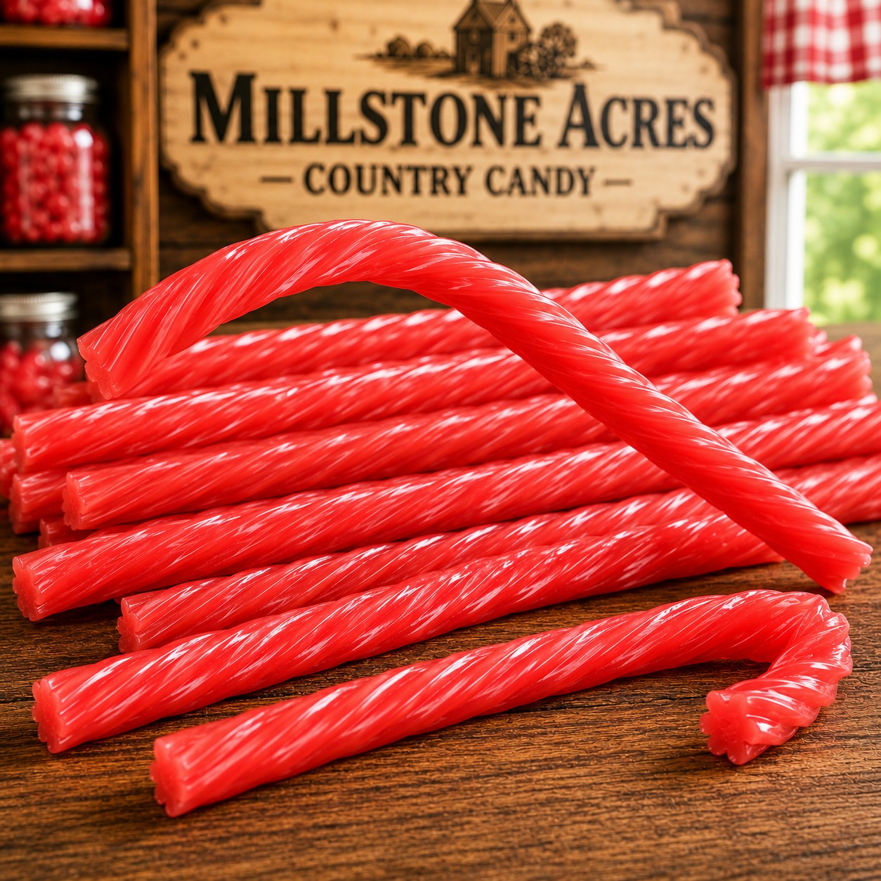 Watermelon Licorice Twists showing their soft chewy texture on a rustic farmhouse candy counter