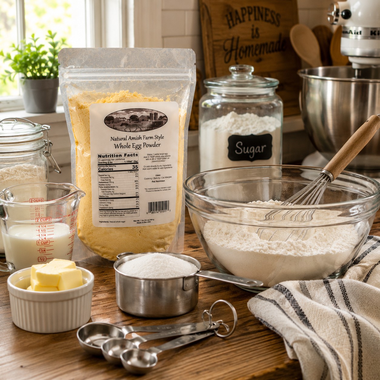 Millstone Acres Whole Egg Powder displayed on a farmhouse kitchen counter with baking ingredients, measuring cups, flour, sugar, and mixing bowl.