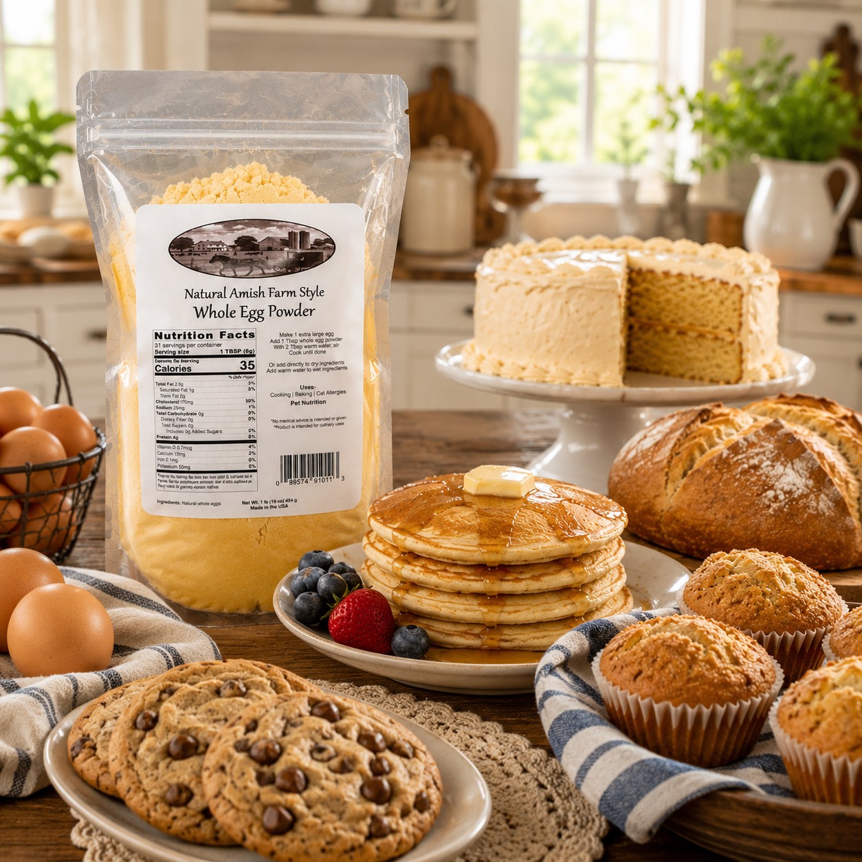 Millstone Acres Whole Egg Powder displayed with pancakes, cookies, muffins, artisan bread, and cake in a bright farmhouse kitchen.