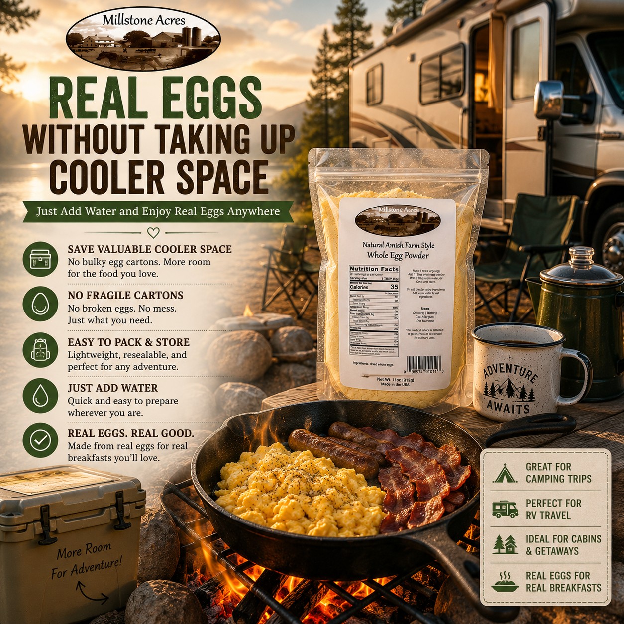 Millstone Acres Whole Egg Powder used for camping, RV travel, cabins, and outdoor breakfast cooking.