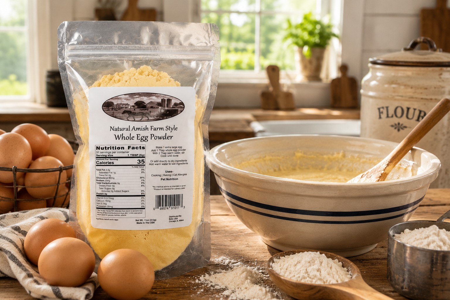 Millstone Acres Whole Egg Powder displayed in a bright farmhouse kitchen with fresh eggs, baking ingredients, and homemade batter.