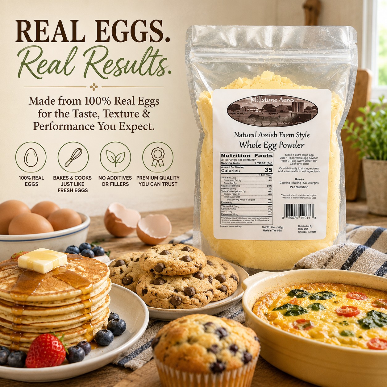 Millstone Acres Whole Egg Powder displayed with pancakes, cookies, muffins, and homemade breakfast foods showcasing the versatility of real whole eggs.