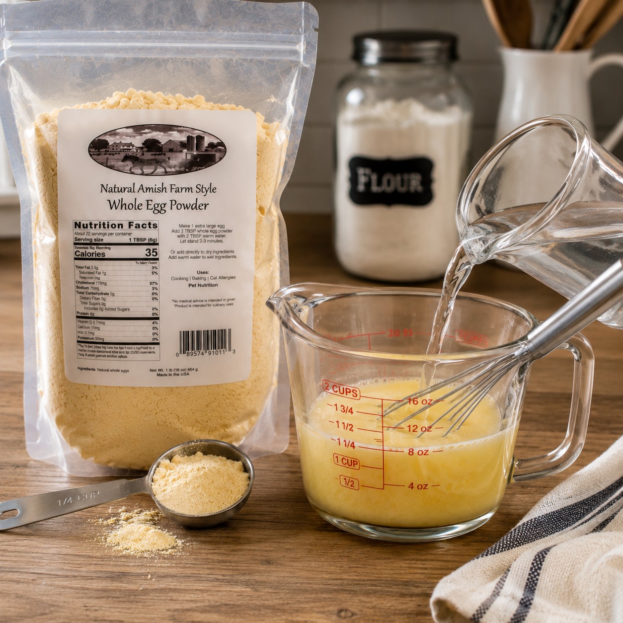Millstone Acres Whole Egg Powder being measured and mixed with water in a glass measuring cup for homemade omelets, scrambled eggs, and everyday cooking.