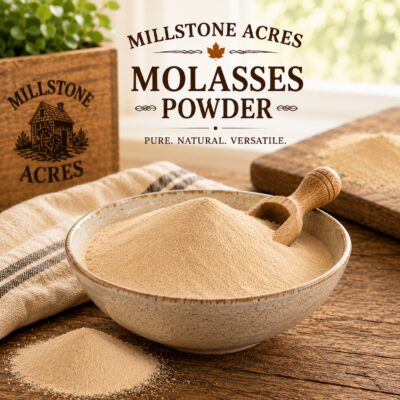 Millstone Acres Natural Molasses Powder displayed in a rustic ceramic bowl with a wooden scoop and ultra-fine molasses powder on a farmhouse table.
