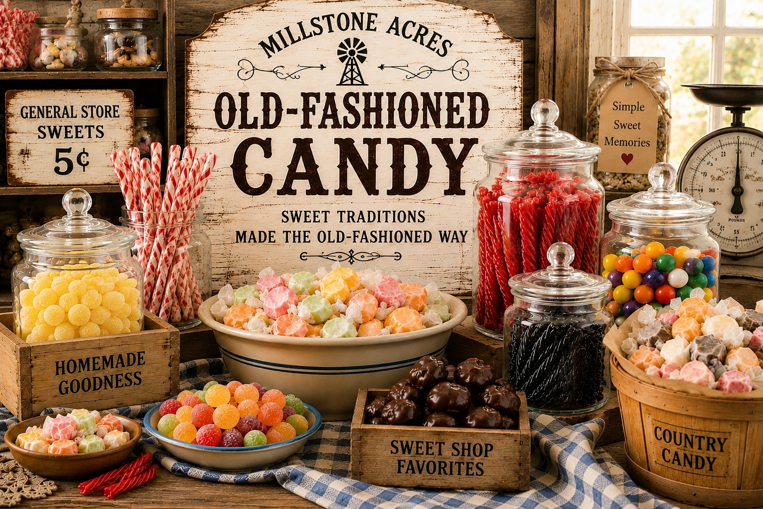 Old-fashioned candy category hero image featuring lemon drops, licorice twists, gumdrops, chocolate candies, hard candies, and nostalgic sweets displayed in vintage glass jars and wooden crates.