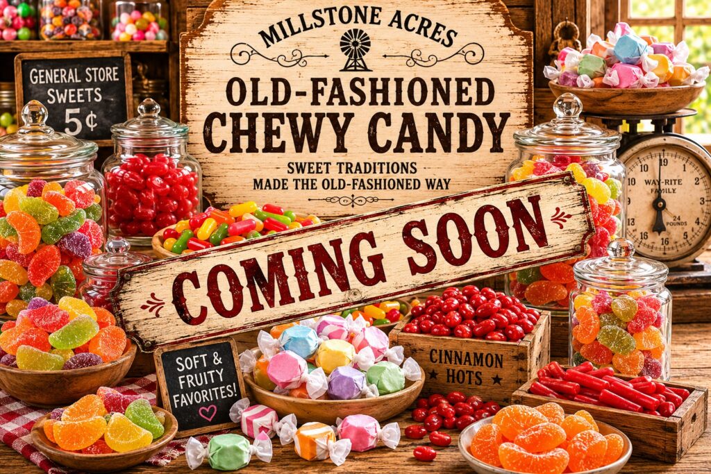 Old-fashioned chewy candy category image with a Coming Soon sign featuring fruit slices, chewy fruit candies, cinnamon hots, and salt water taffy in a nostalgic country store setting.
