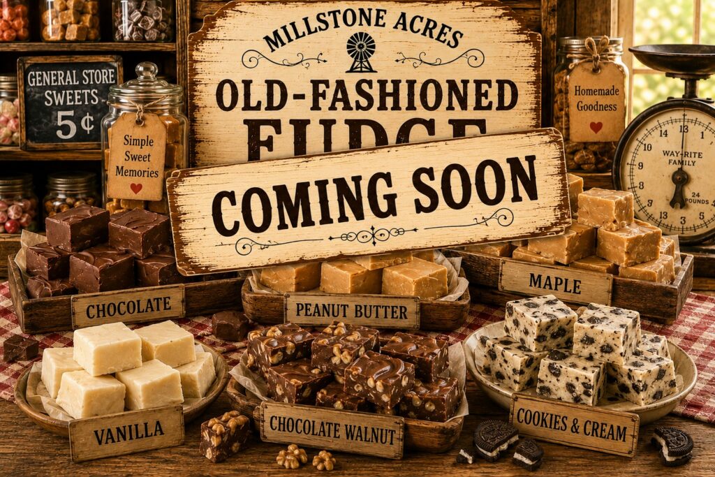 Old-fashioned fudge category image with a Coming Soon sign featuring chocolate fudge, peanut butter fudge, maple fudge, vanilla fudge, chocolate walnut fudge, and cookies and cream fudge in a nostalgic country store setting.