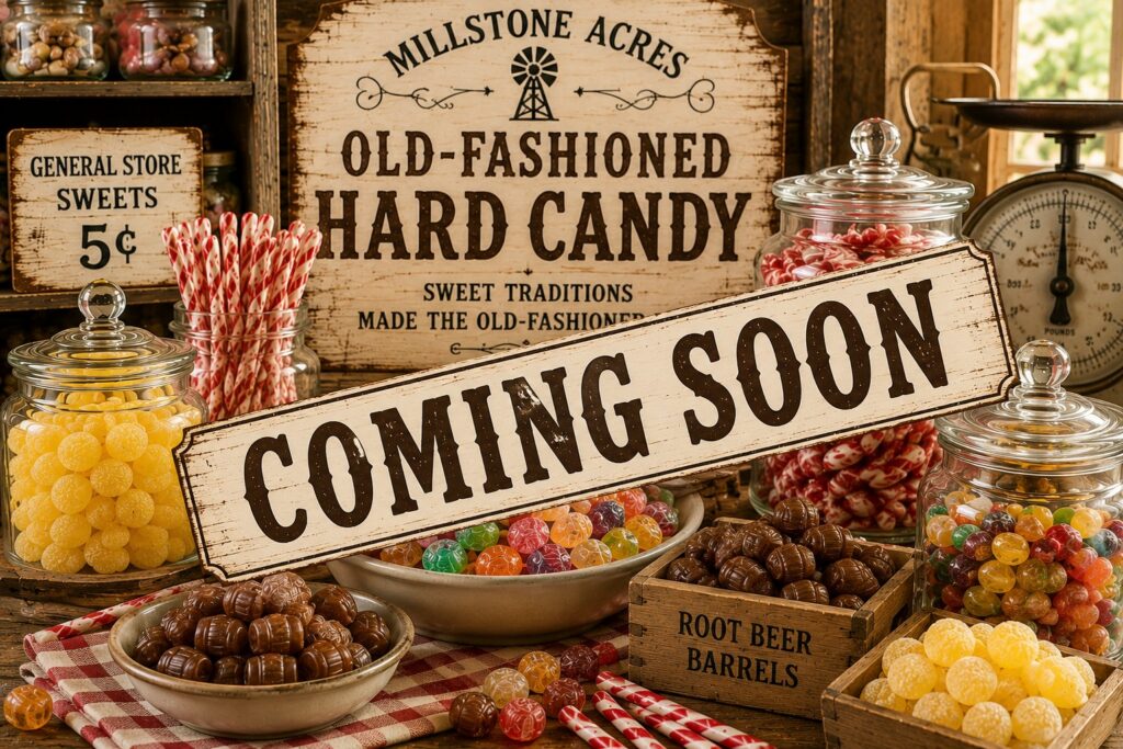 Old-fashioned hard candy category image with a Coming Soon sign featuring lemon drops, root beer barrels, candy sticks, and classic hard candies in a nostalgic country store setting.