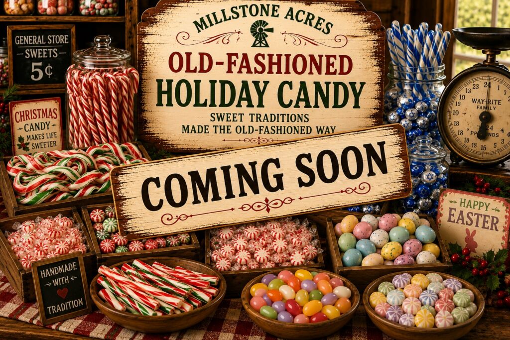 Old-fashioned holiday candy category image with a Coming Soon sign featuring Christmas candy canes, ribbon candy, peppermint candies, Hanukkah-themed blue and white sweets, Easter candy eggs, and seasonal treats displayed in a nostalgic country store setting.
