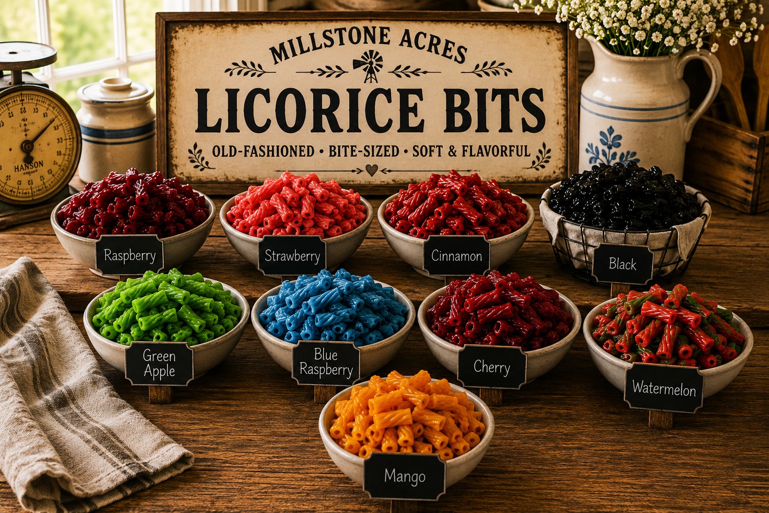 Millstone Acres Old Fashioned Licorice Bits display featuring colorful bite-sized licorice pieces in classic fruit, spice, and traditional flavors.
