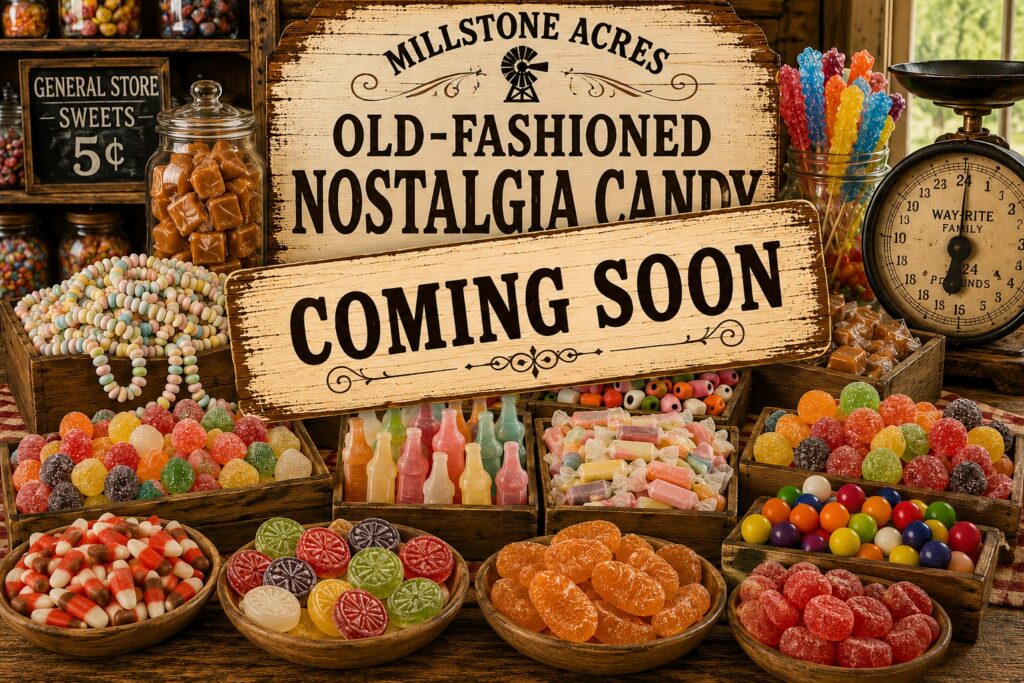 Old-fashioned nostalgia candy category image with a Coming Soon sign featuring candy necklaces, wax bottle candies, caramel squares, candy corn, fruit slices, gumdrops, jawbreakers, and classic childhood favorites in a nostalgic country store setting.