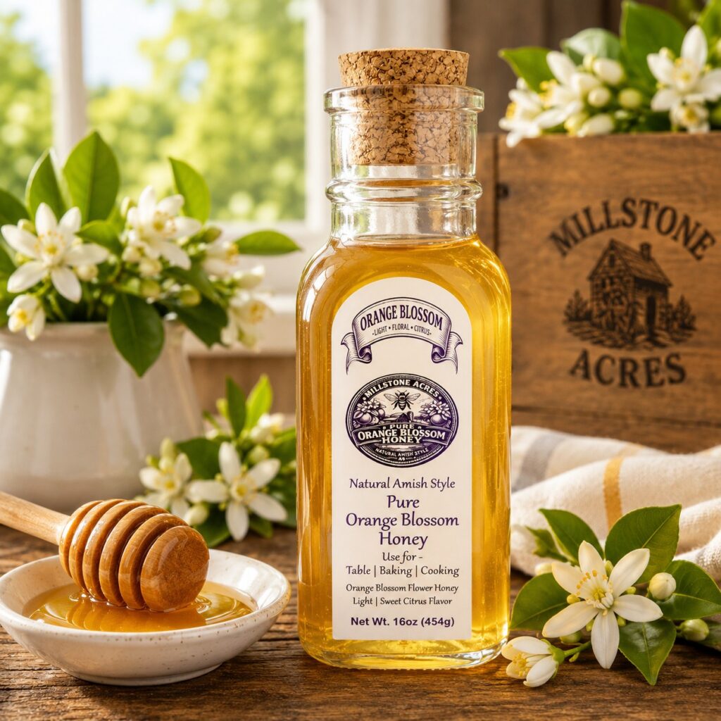 Millstone Acres Orange Blossom Honey bottle displayed with orange blossoms, a honey dipper, and golden honey on a rustic farmhouse table.