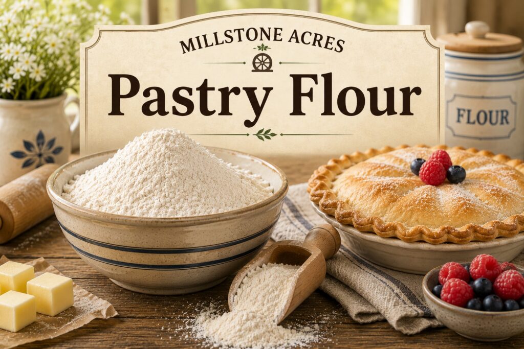 Millstone Acres Pastry Flour displayed in a ceramic bowl with a flaky fruit pie, butter cubes, fresh berries, and a wooden scoop on a rustic farmhouse table.