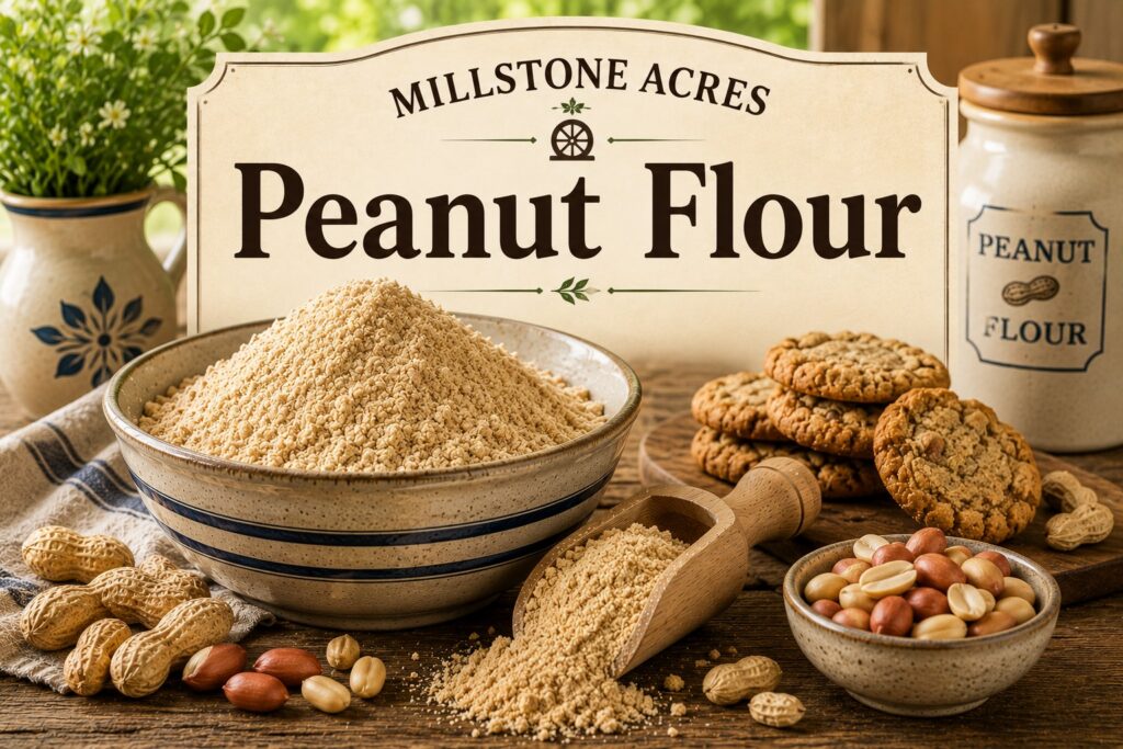 Millstone Acres Peanut Flour displayed in a ceramic bowl with whole peanuts, shelled peanuts, peanut cookies, and a wooden scoop on a rustic farmhouse table.