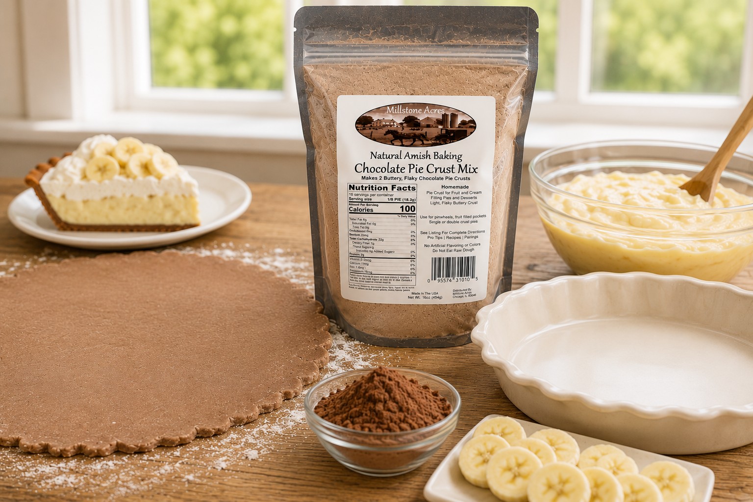 Millstone Acres Chocolate Pie Crust Mix with rolled chocolate pie crust dough, banana cream filling, and pie-making ingredients