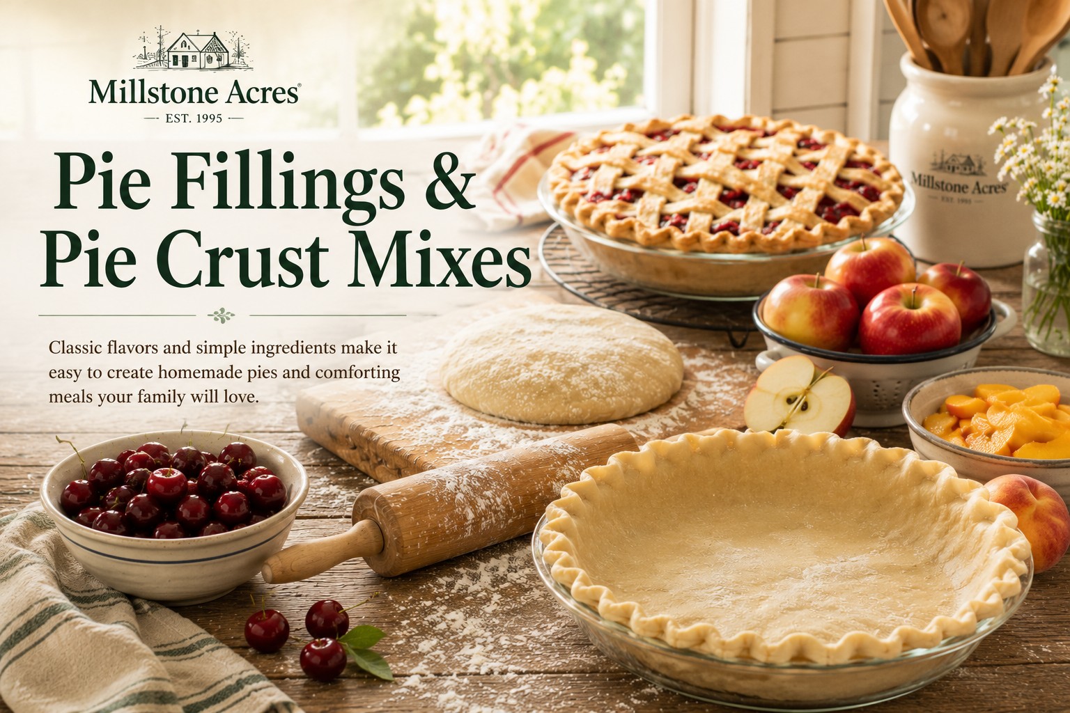 Pie Fillings and Pie Crust Mixes category hero image featuring pie dough, rolling pin, fresh fruit, and homemade pies in a bright farmhouse kitchen.