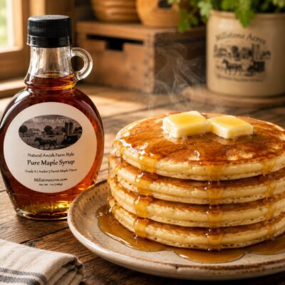 Pure Amber Grade A Maple Syrup poured over hot pancakes topped with two pats of melting butter on a farmhouse breakfast table.