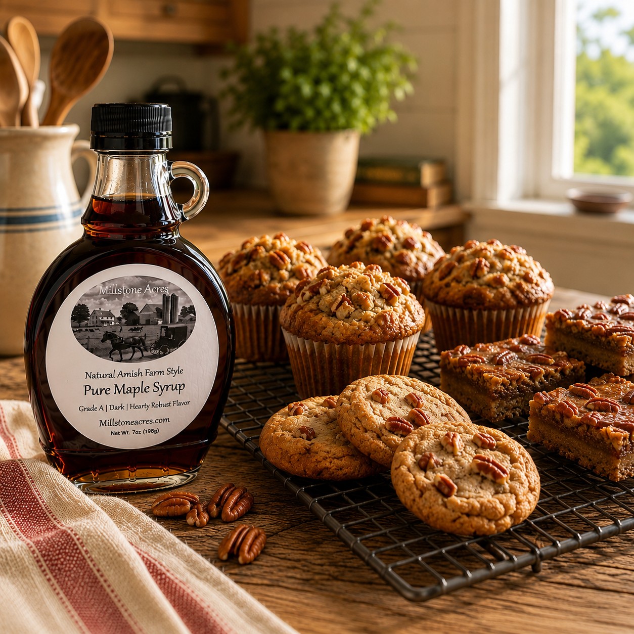 Dark Maple Syrup displayed with maple muffins, pecan cookies, and homemade dessert bars in a bright farmhouse kitchen.