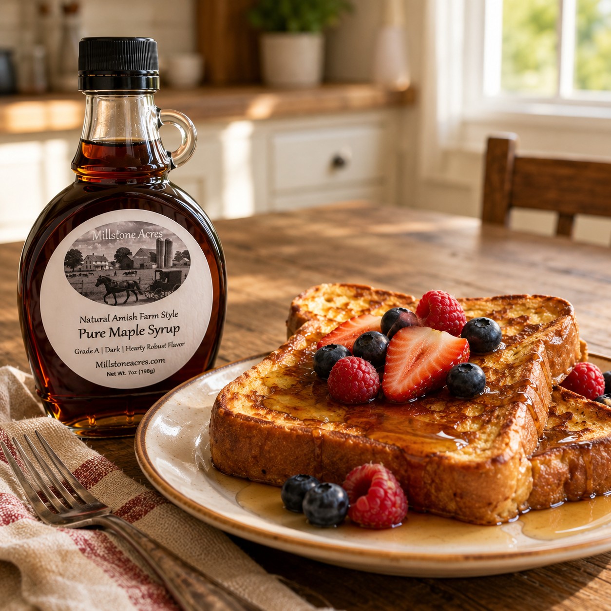 Dark Maple Syrup served over French toast with fresh berries on a bright farmhouse kitchen table.