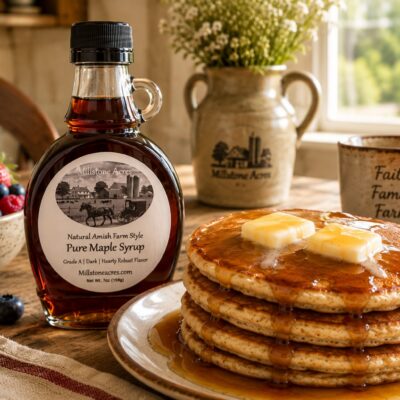 pure-dark-grade-a-maple-syrup-hero Millstone Acres Pure Dark Grade A Maple Syrup beside hot pancakes topped with two pats of melting butter and rich maple syrup in a bright farmhouse kitchen.