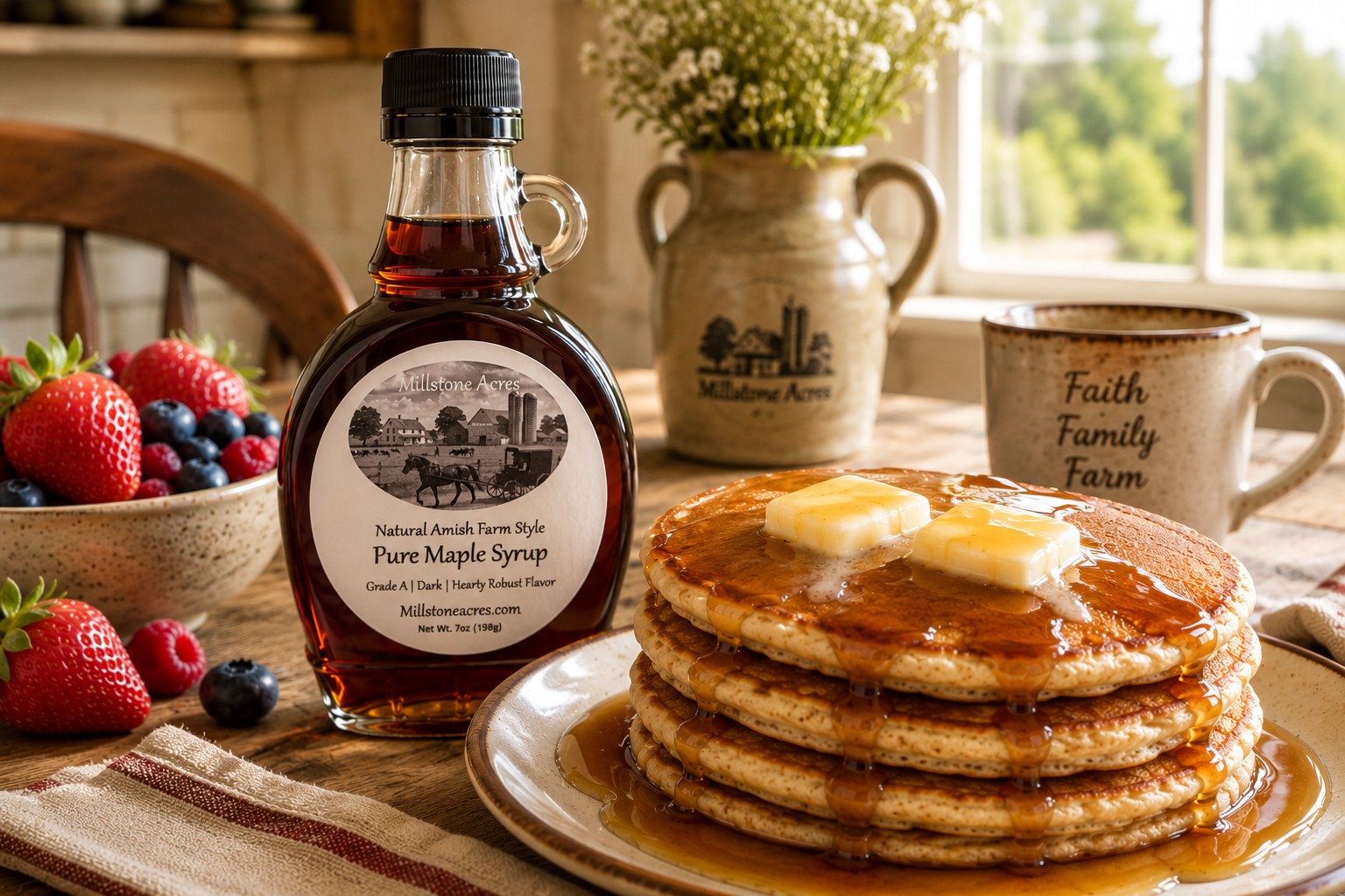 Millstone Acres Pure Dark Grade A Maple Syrup beside hot pancakes topped with melting butter and rich maple syrup in a bright farmhouse kitchen.