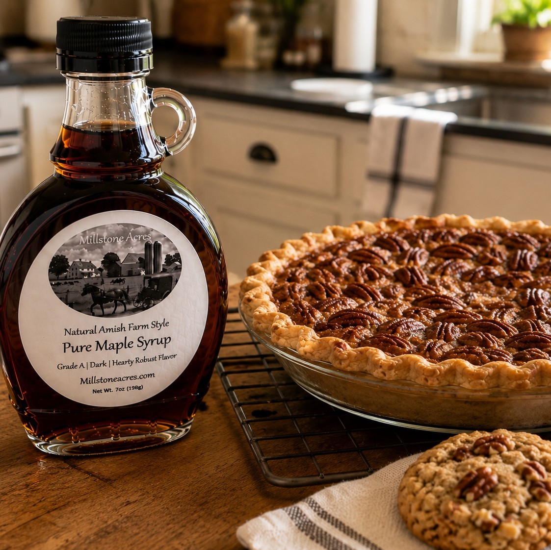 Dark Maple Syrup displayed beside a homemade pecan pie and maple pecan cookies in a bright farmhouse kitchen.