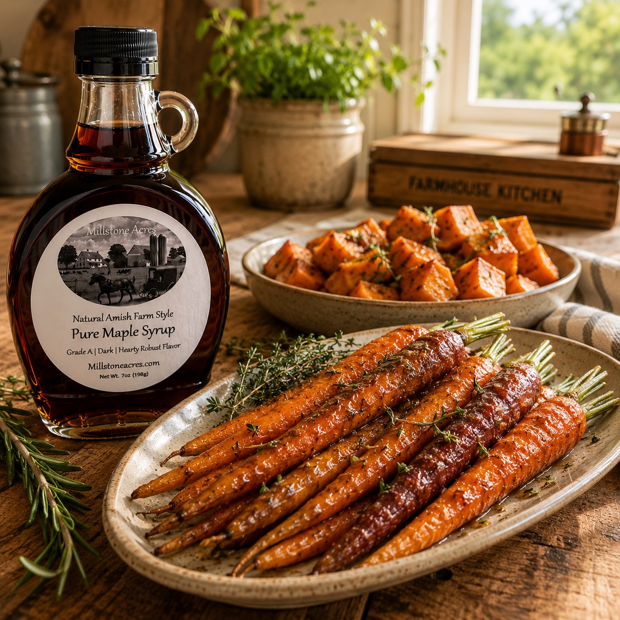 Dark Maple Syrup displayed with maple-glazed roasted carrots and roasted sweet potatoes in a bright farmhouse kitchen.
