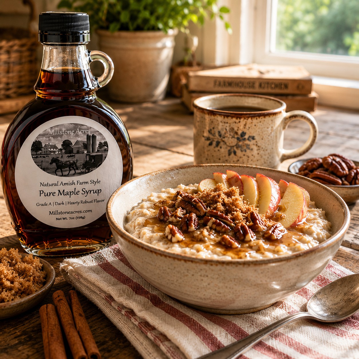 Dark Maple Syrup served over warm oatmeal with apples, pecans, brown sugar, and cinnamon in a bright farmhouse kitchen.
