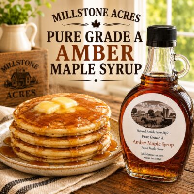 Millstone Acres Pure Amber Maple Syrup bottle displayed beside hot pancakes topped with melting butter and maple syrup in a bright farmhouse kitchen.