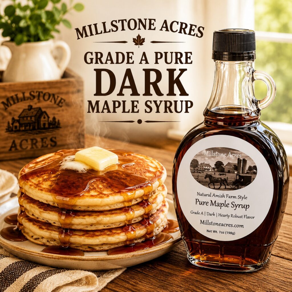 Millstone Acres Pure Grade A Dark Maple Syrup bottle displayed beside hot pancakes topped with melting butter and rich dark maple syrup in a farmhouse kitchen.