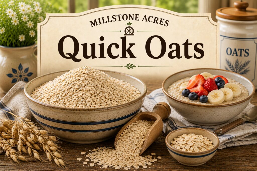 Millstone Acres Quick Oats displayed in a ceramic bowl with oatmeal topped with fresh fruit, oat kernels, and a wooden scoop on a rustic farmhouse table.