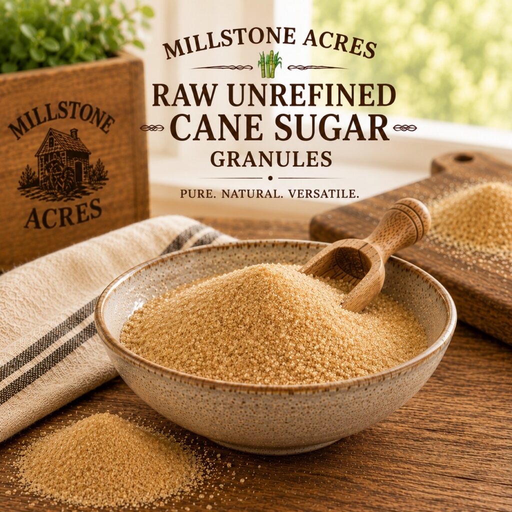Millstone Acres Raw Unrefined Cane Sugar Granules displayed in a rustic ceramic bowl with a wooden scoop and golden cane sugar crystals on a farmhouse table.