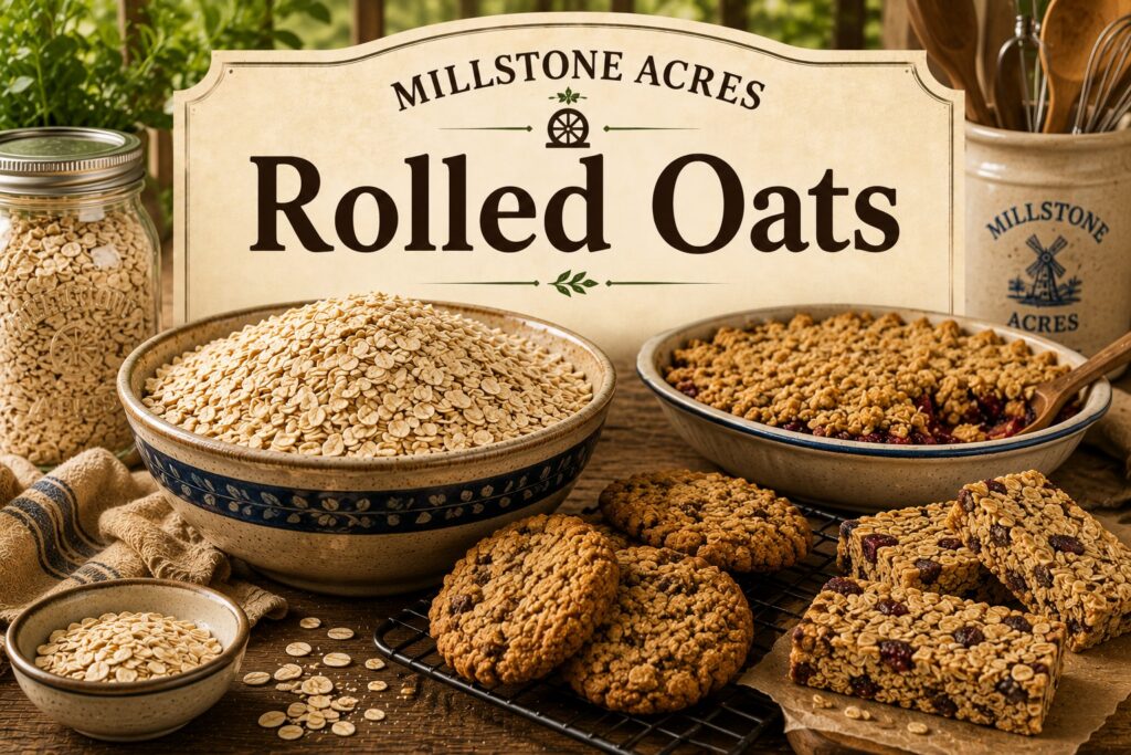 Millstone Acres Rolled Oats displayed with oatmeal cookies, homemade granola bars, baked fruit crisp, and bowls of rolled oats on a rustic farmhouse table.
