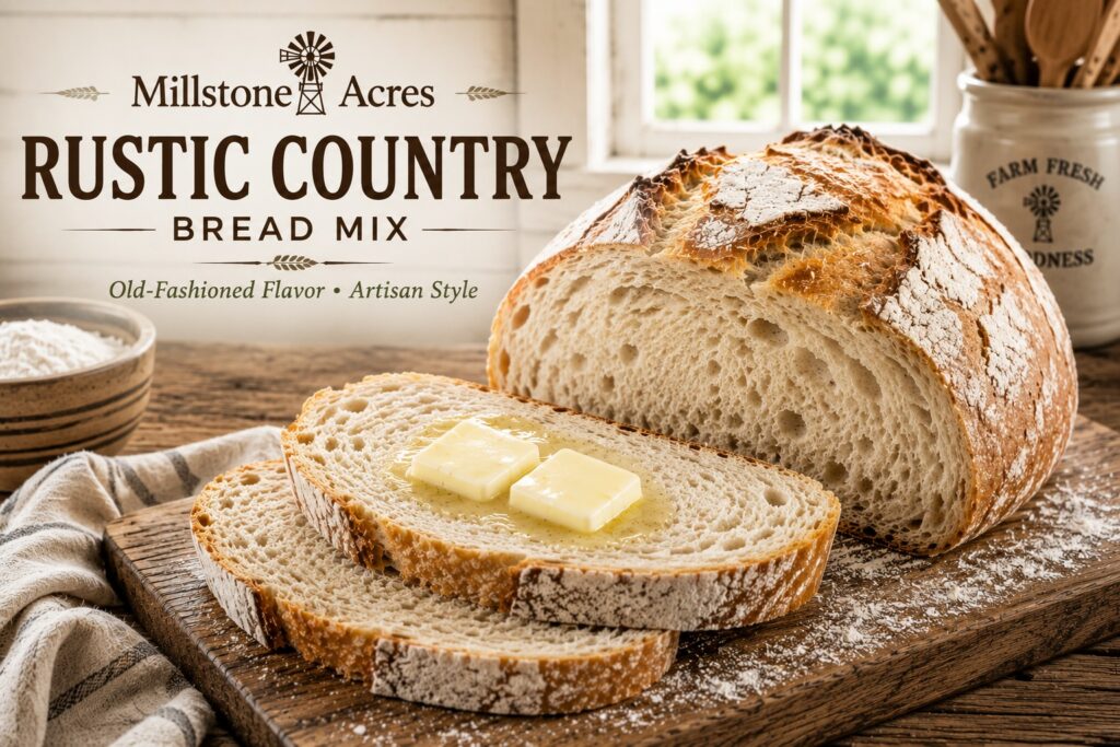 Rustic Country Bread loaf with melting butter on artisan bread slices in a bright farmhouse kitchen.