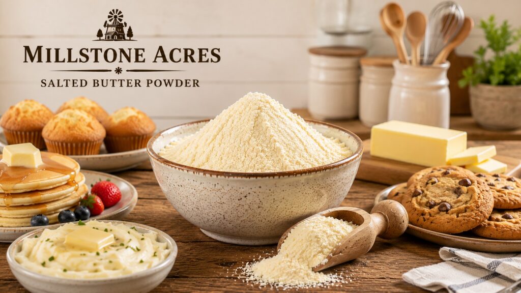 Salted butter powder displayed in a ceramic bowl alongside butter, pancakes, cookies, muffins, and mashed potatoes on a rustic farmhouse table featuring Millstone Acres Salted Butter Powder branding.